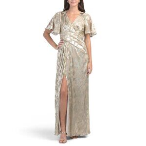 ADRIANNA PAPELL CHAMPAGNE/GOLD Short Sleeve Metallic Gown